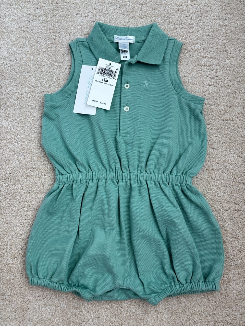 NWT Ralph Lauren stretch mesh polo green bubble shortall romper, size 12mo